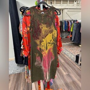 M by Missoni green texture knit sleeveless dress with colorful abstract print